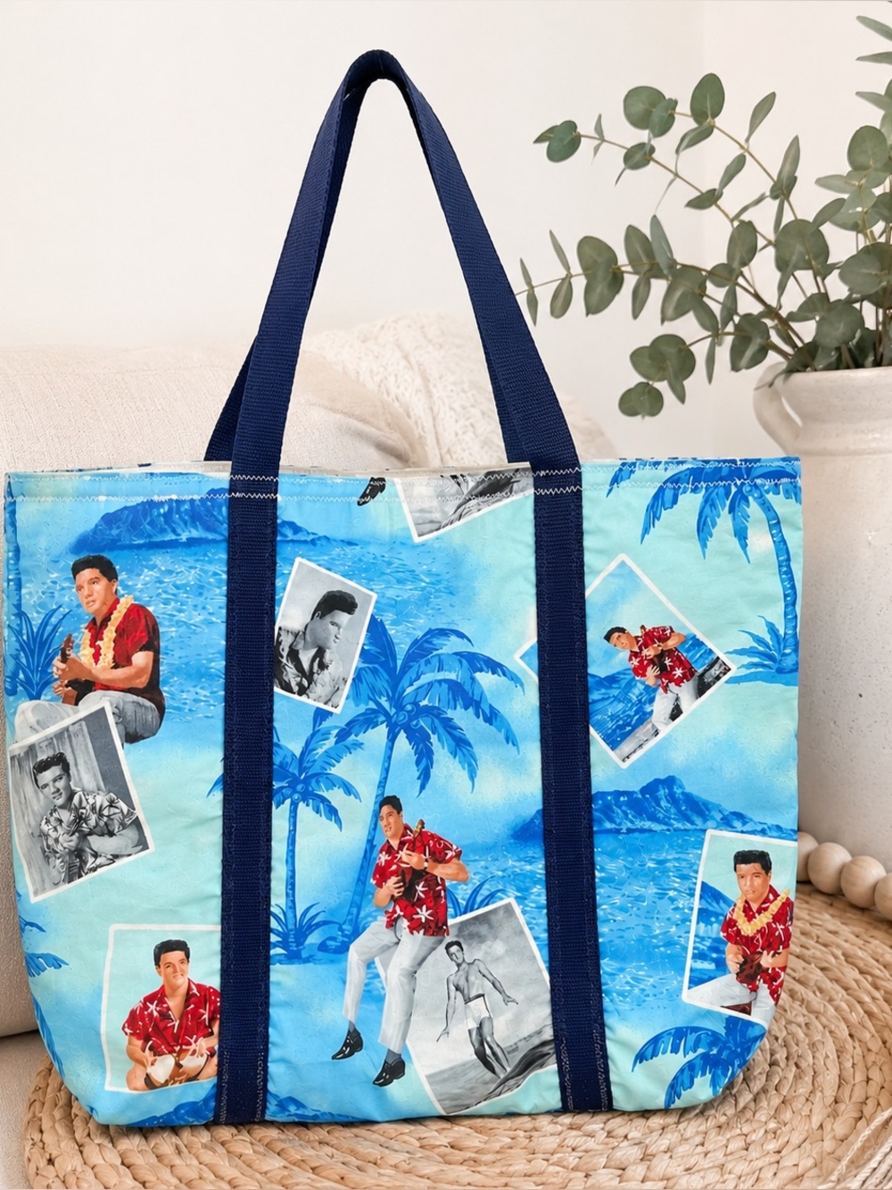 Vintage Elvis Presley Hawaiian Tote Bag Blue Tropical Beach Quilted Large